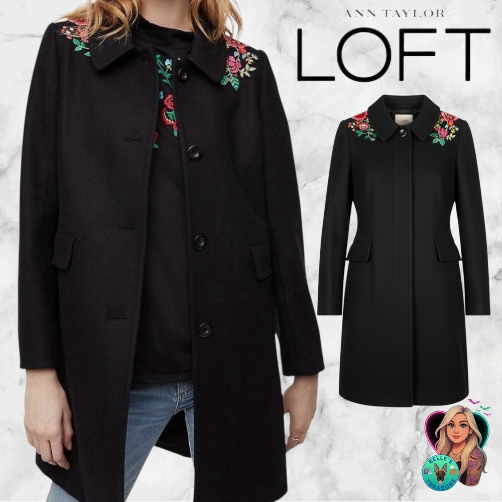 LOFT Ann Taylor Black Wool Blend‎ Floral Embroidered Long PeaCoat Womens Medium
